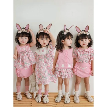 Платье для девочки, Розовый Кролик, Цветочная Корейская версия, Футболка, Жилет, Юбка, Костюм, Летние шорты, Детская одежда, Одежда для детей, Бутик одежды