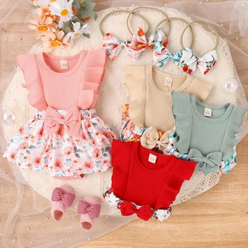 Платье-ползунки для девочек 0-18 месяцев, круглый вырез, цветочный комбинезон с бантом, повязка на голову, 2 шт., Летний наряд для малышей