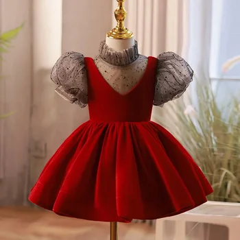 Платье принцессы для вечеринки в честь дня рождения на 1 год для девочек, винно-красное бархатное пышное платье-пачка для маленьких девочек, бальный банкет, Рождественское детское платье
