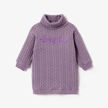Платье-свитер с вышитыми буквами PatPat для маленьких девочек, текстурированная водолазка с длинным рукавом