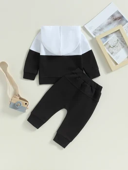 Повседневная одежда из 2 предметов для маленьких мальчиков, топ с капюшоном контрастного цвета с длинными рукавами и спортивные штаны с эластичной резинкой на талии