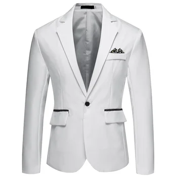 Приталенный мужской костюм, однотонные деловые повседневные блейзеры, Модный отложной воротник на одной пуговице, пальто для свадебной вечеринки, офисные блейзеры