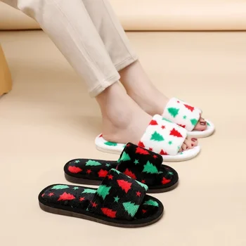 Простые женские домашние тапочки в виде рождественской елки, осень-зима 2024, Новая удобная хлопковая обувь на плоской подошве, Трендовая Удобная повседневная обувь