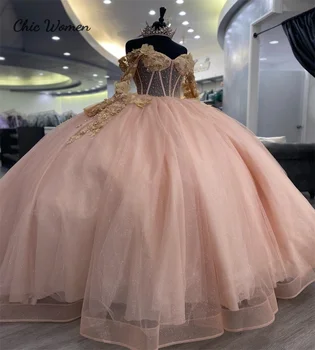 Пышное розовое платье принцессы с золотыми цветами, пышное бальное платье с длинным рукавом, платье для вечеринки в честь шестнадцатилетия, праздничное платье Vestido Xv