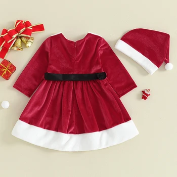 Рождественский костюм для девочки, платье трапециевидной формы в стиле пэчворк с длинным рукавом и шапкой, зимняя одежда