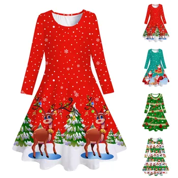 Рождественское платье для девочек от 4 до 13 лет, платье для малышей, осеннее платье принцессы с принтом Санта-Клауса и Лося, красное Карнавальное платье принцессы с длинным рукавом, Новое