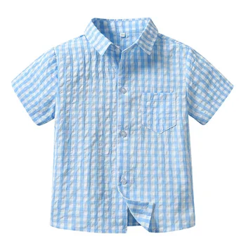 Рубашка для маленьких мальчиков, Летняя одежда, детская модная клетчатая рубашка с коротким рукавом, однобортные топы с лацканами для мальчиков, красивая детская одежда