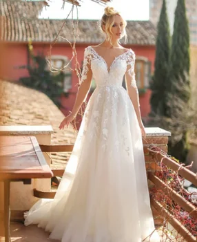 Свадебные платья Для женщин Vestidos De Noiva Mariage с открытой спиной, Свадебные платья с V-образным вырезом на заказ, Кружевные аппликации с длинными рукавами