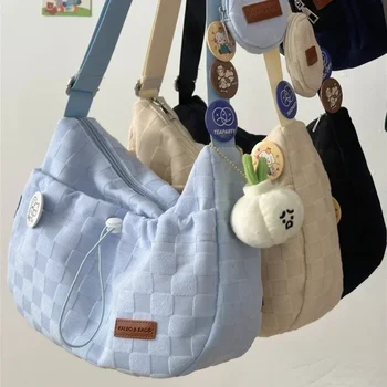 Сумка через плечо в стиле Харадзюку для колледжа, однотонная сумка в клетку с принтом, большая вместительная сумка через плечо, новая милая модная дизайнерская сумка