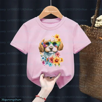 Футболка для девочек, Милая Акварельная Футболка с изображением Пуделя и собаки, Милая Одежда для девочек, Розовая рубашка, Модная Детская футболка от 1 до 15 лет