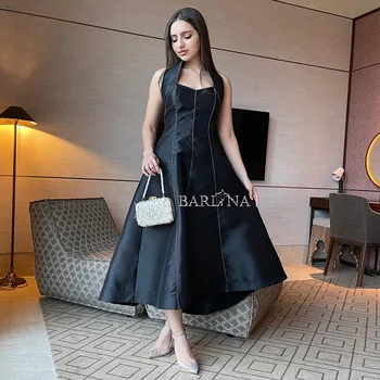 Черные атласные вечерние платья трапециевидной формы на бретелях, арабское платье для выпускного вечера в Дубае, вечерние платья чайной длины для официальных мероприятий, женские платья на шнуровке сзади