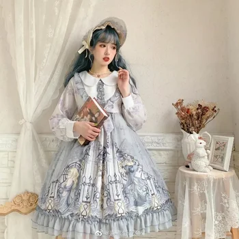 Японское милое платье в стиле Лолиты, женское элегантное платье из пряжи с оборками и принтом в винтажном стиле, вечернее платье в викторианском стиле харадзюку с длинным рукавом